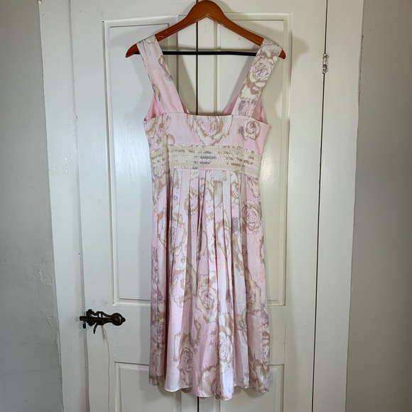 Sundance‎ Pink Silk Floral Midi Dress Size 6 Lace Empire Waist Romantic Party - Picture 2 of 13